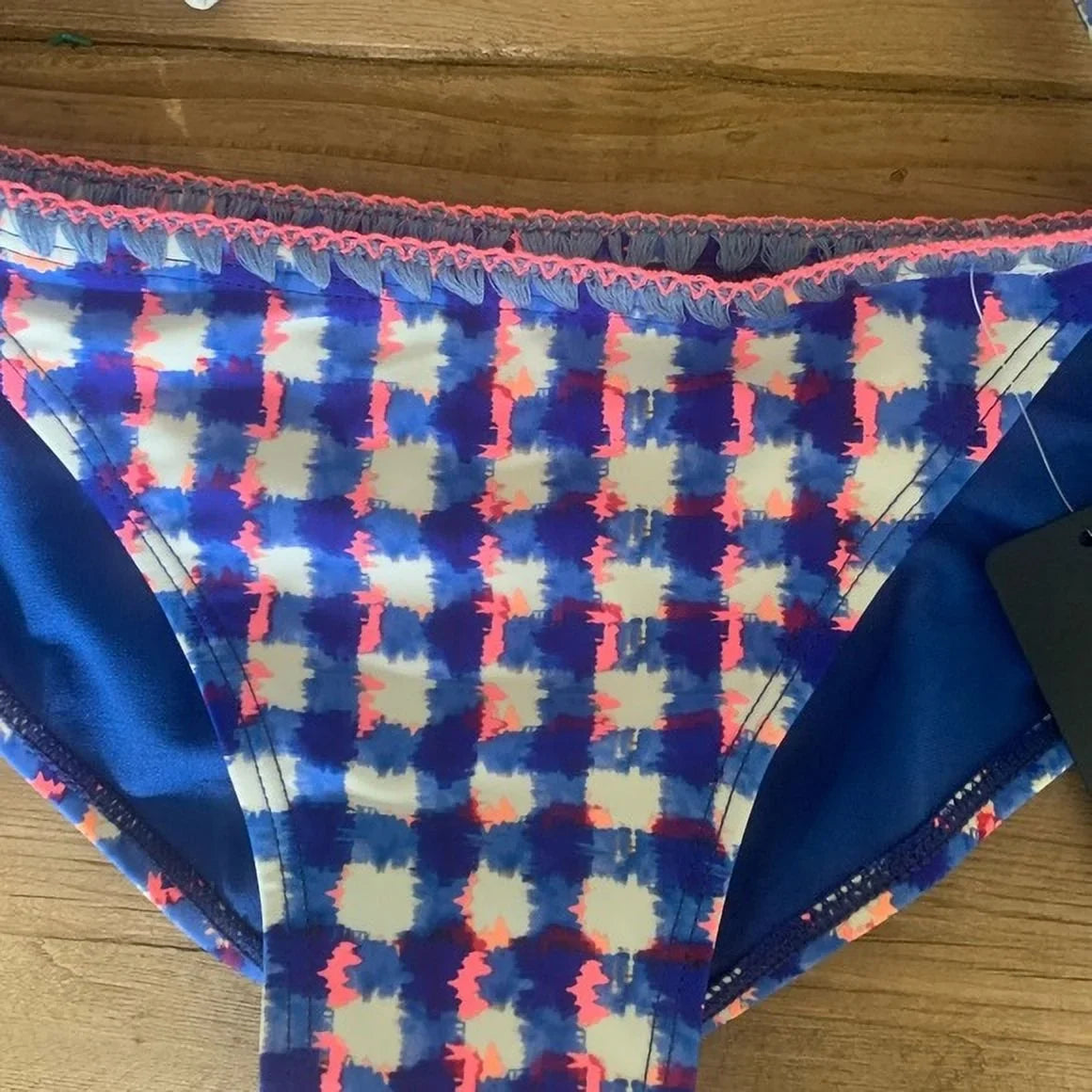 Rachel Roy BLUE CHECKERED Triangle Side Tie Bikini Swim Bottom; US Small