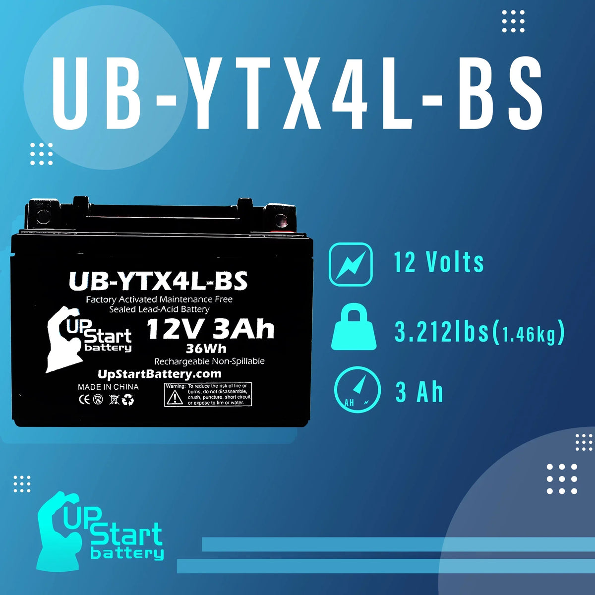 3-Pack UpStart Battery Replacement for 2002 Bombardier (Can-Am) DS90; DS90F; Quest 90CC Factory Activated; Maintenance Free; ATV Battery - 12V; 3Ah; UB-YTX4L-BS