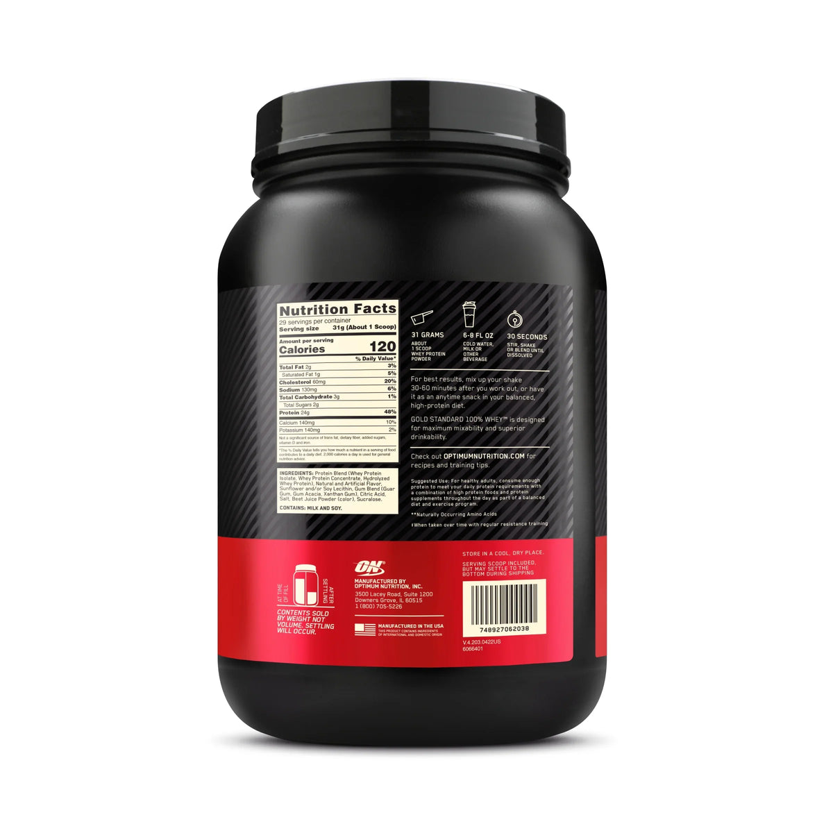 Optimum Nutrition; Gold Standard 100% Whey Protein Powder; 24 g Protein; Strawberries & Cream; 1.98 lb; 29 Servings