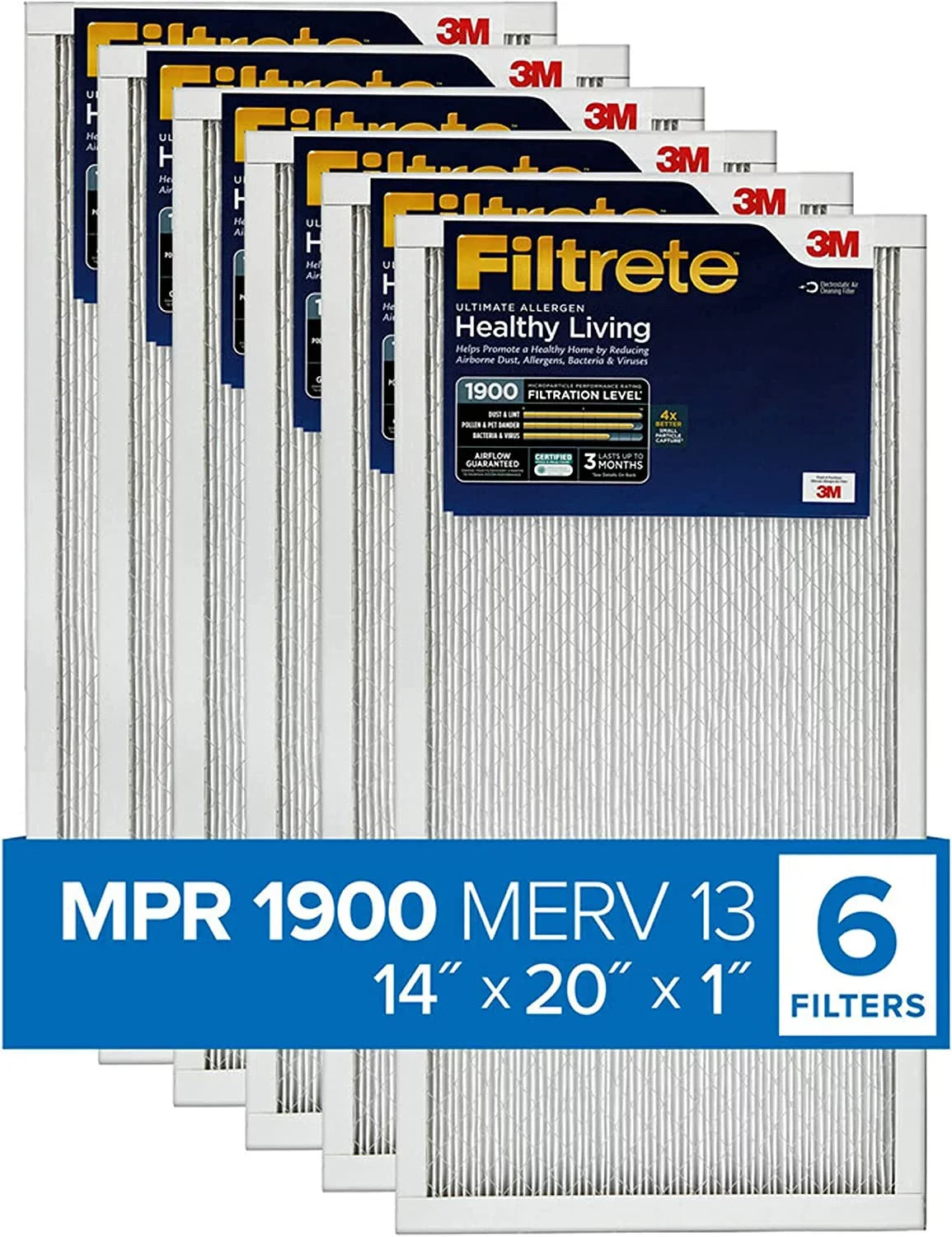 Filtrete 14x20x1; AC Furnace Air Filter; MPR 1900; Healthy Living Ultimate Allergen; 6-Pack (exact dimensions 13.81 x 19.81 x 0.78)