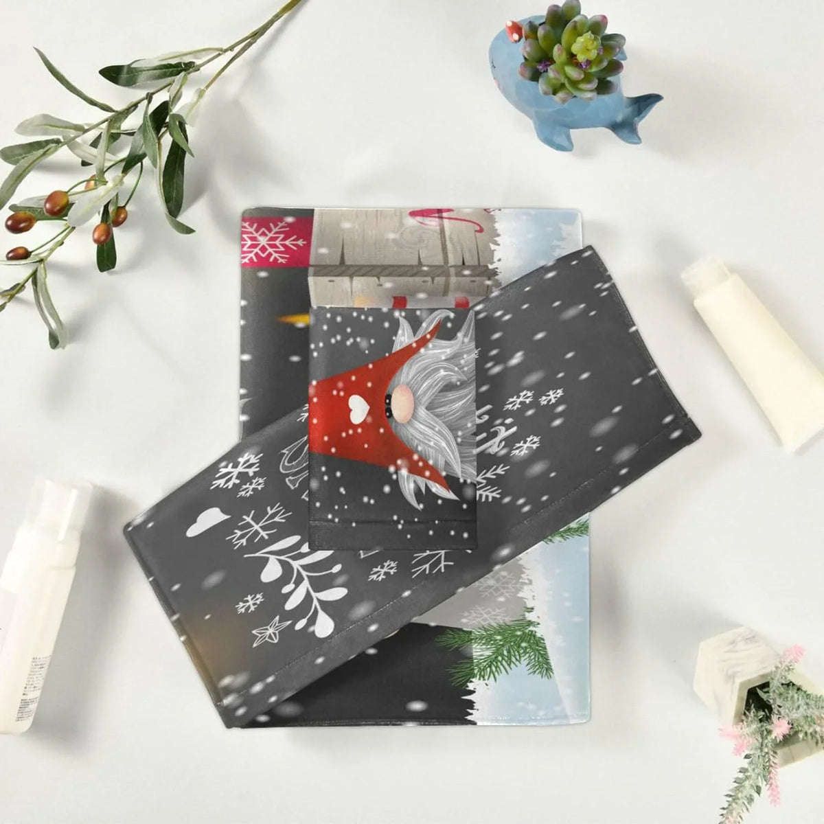 Wellsay Christmas Gnome Towel Set of 3; Highly Absorbent Soft Towels with Bath Towel; Hand Towel and Washcloth for Bathroom Hotel Gym Spa