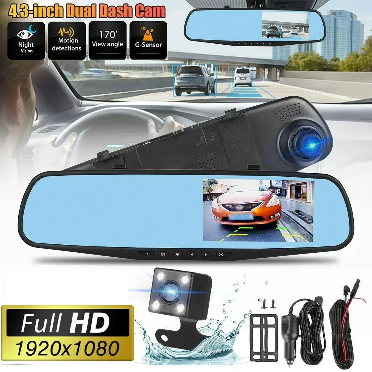 1 Pack 1080P Rearview Mirror Car Camera 4.3" Dash Cam for Cars Trucks;170°Wide Angle Dual Lens Car Cam Front Rear DVR Monitor; Night Vision;Parking Monitor;Motion Detection;G-sensor