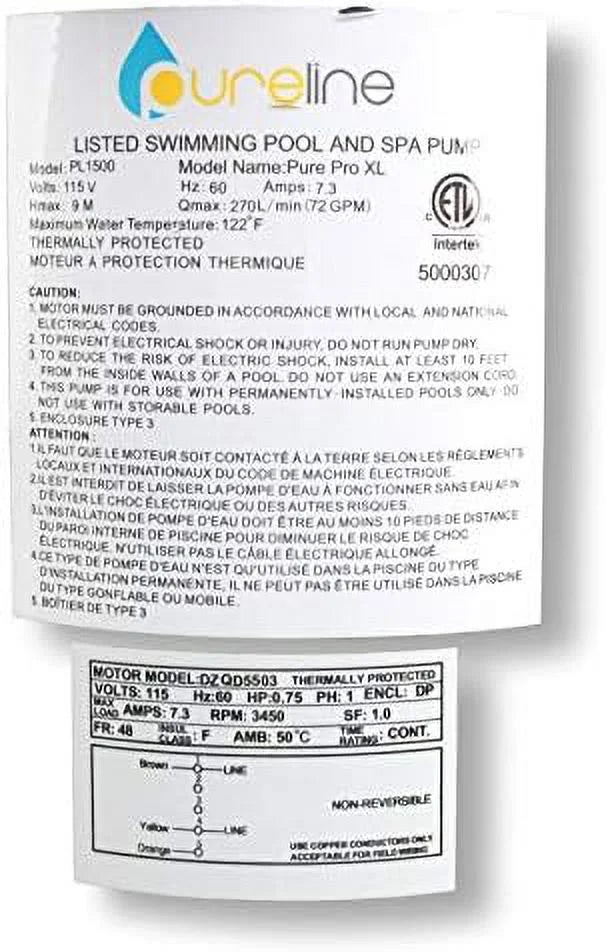 Pure Pro XL Above Ground Pool Pump; 0.75 ; Single Speed