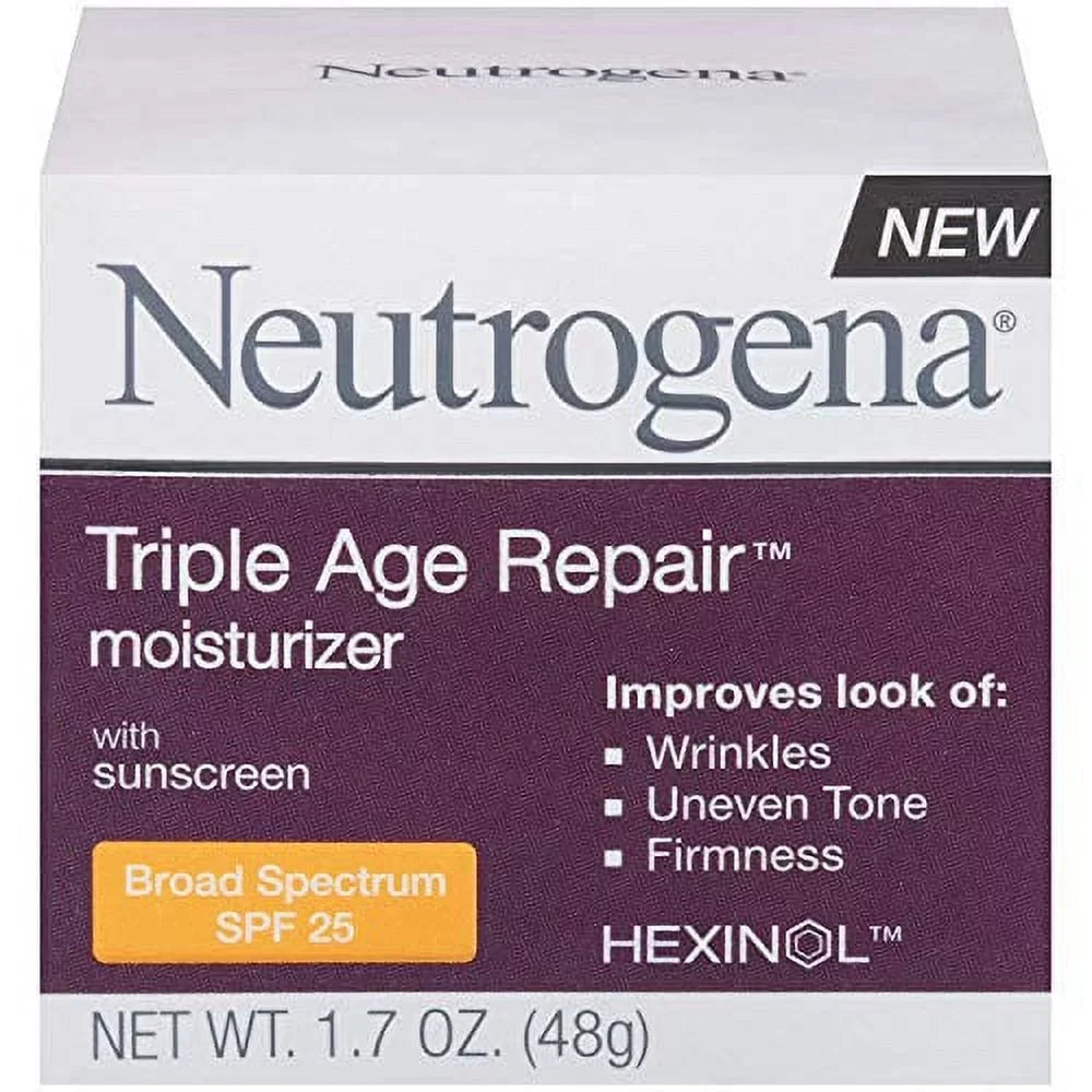 2 Pack Neutrogena Triple Age Repair Anti-Wrinkle Daily Facial Moisturizer with Vitamin C and SPF 25 Sunscreen; help Smooth look of Wrinkles; Evens Skin Tone; Firms Skin; 1.7 oz