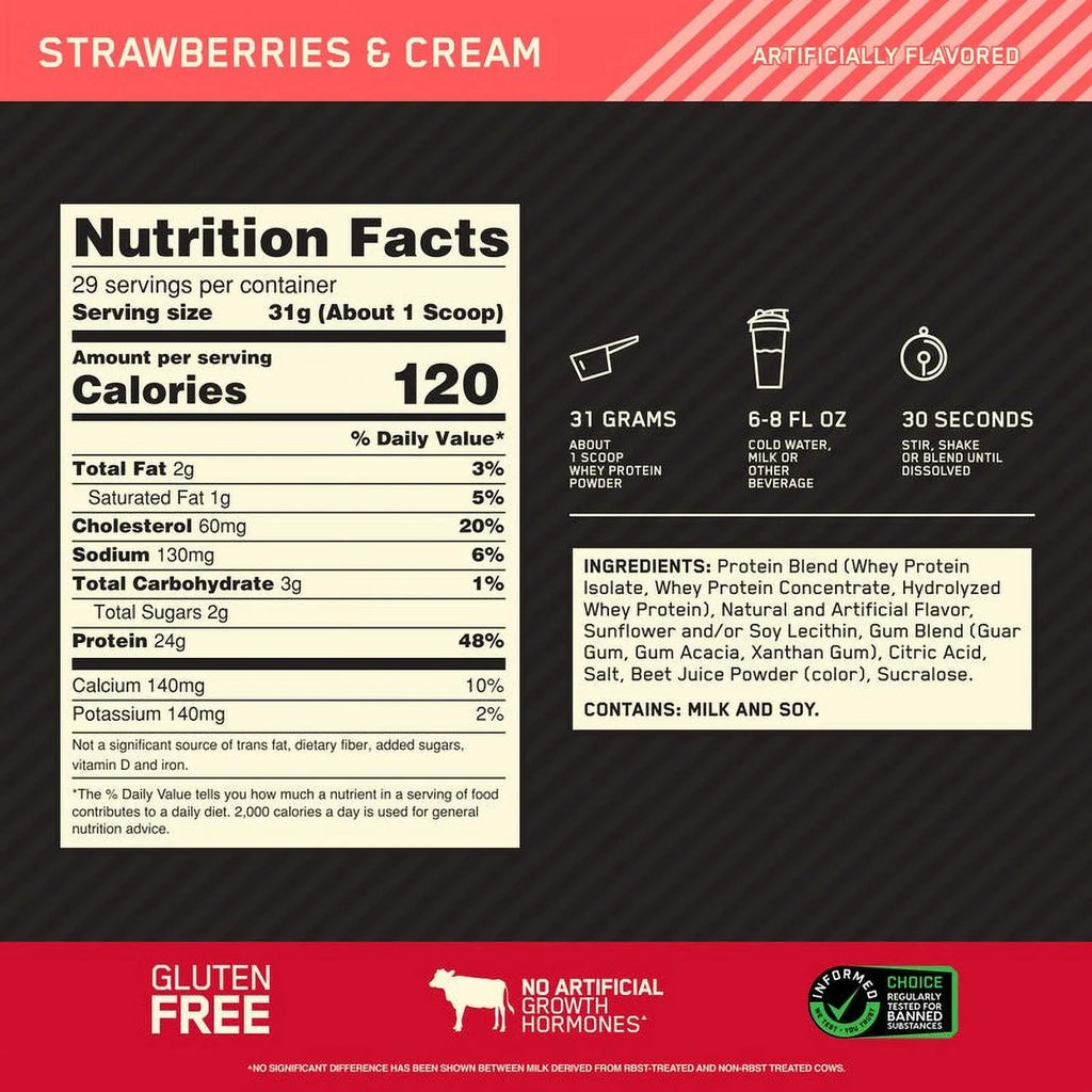 Optimum Nutrition; Gold Standard 100% Whey Protein Powder; 24 g Protein; Strawberries & Cream; 1.98 lb; 29 Servings
