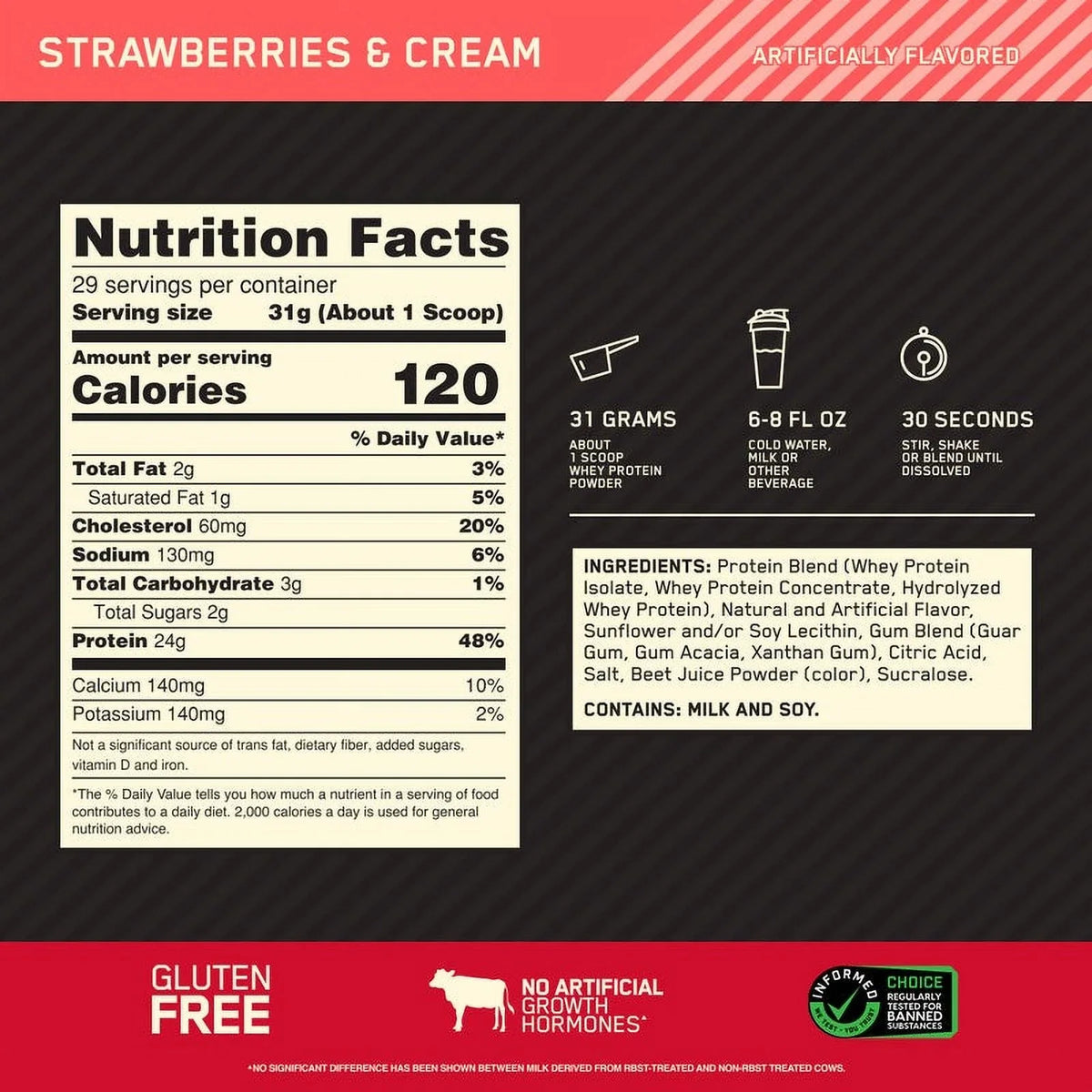 Optimum Nutrition; Gold Standard 100% Whey Protein Powder; 24 g Protein; Strawberries & Cream; 1.98 lb; 29 Servings