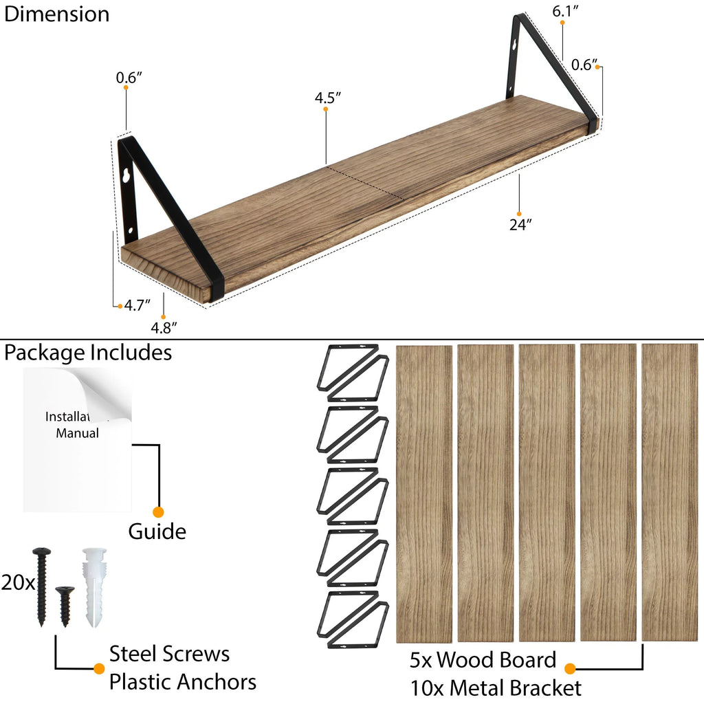 Wallniture Ponza 24" Wall Mounted Rustic Floating Shelf with Brackets for Kitchen Living Room Bedroom; Natural Burned; Set of 5