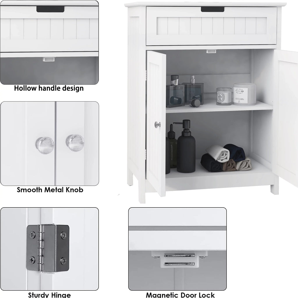 Versatile Bathroom Floor Cabinet in White Freestanding Wood Storage Organizer 2 Doors; 1 Drawer Adjustable Shelf Elegant Design for Bathroom and Living Room.
