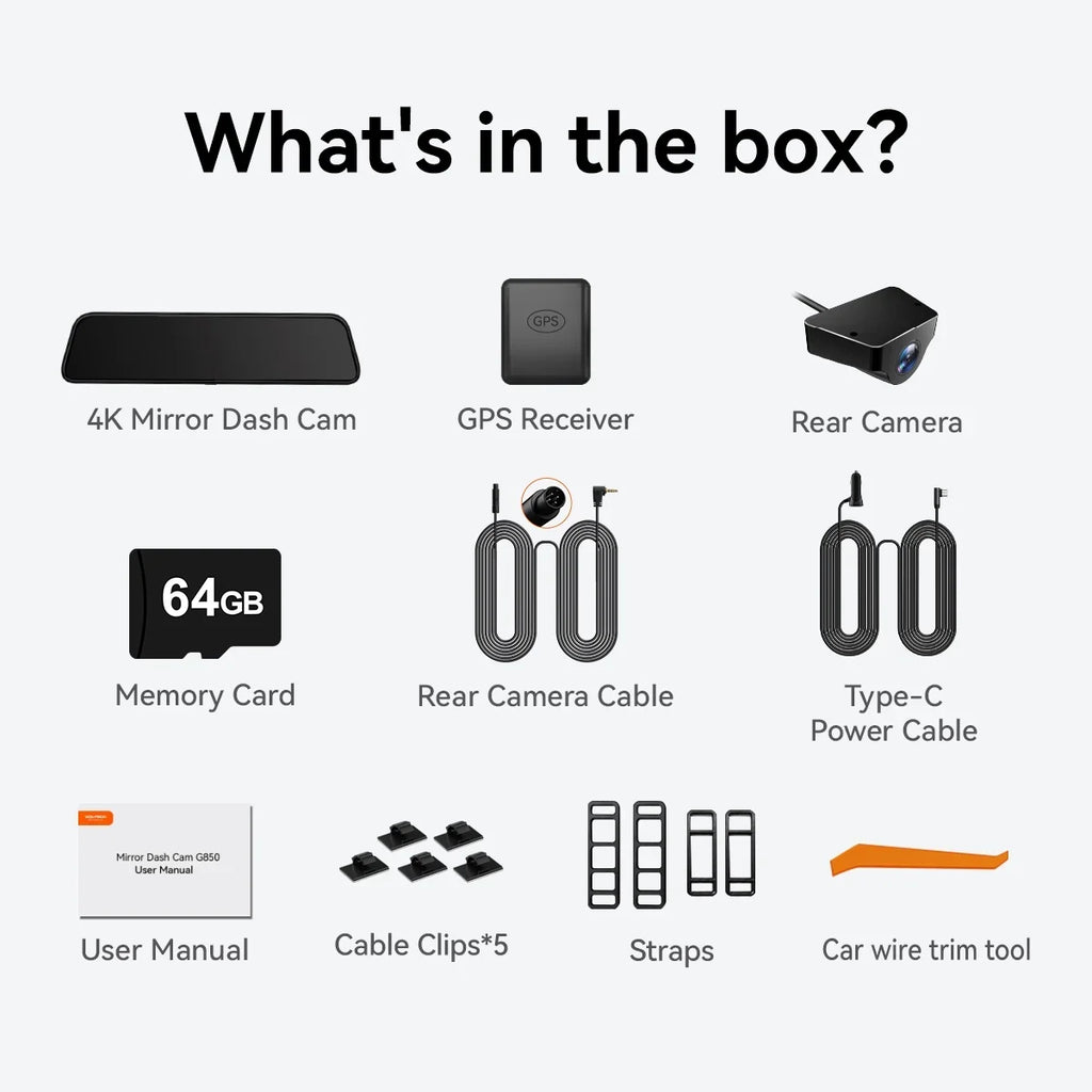 WOLFBOX 12'' Rear View Mirror Dash Cam; 4K Front and 1080P Rear Car Dash Cameras with Super Night Vision; Vehicle; Free 64GB Card & GPS; USB C Port