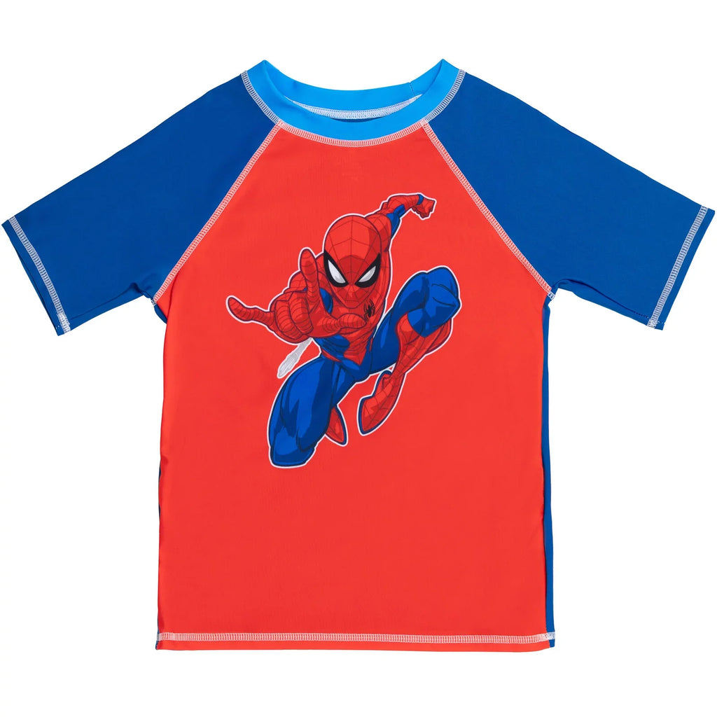 Marvel Avengers Spider-Man Little Boys Rash Guard Swim Trunks and Cap 3 Piece Swimsuit Set Toddler to Big Kid