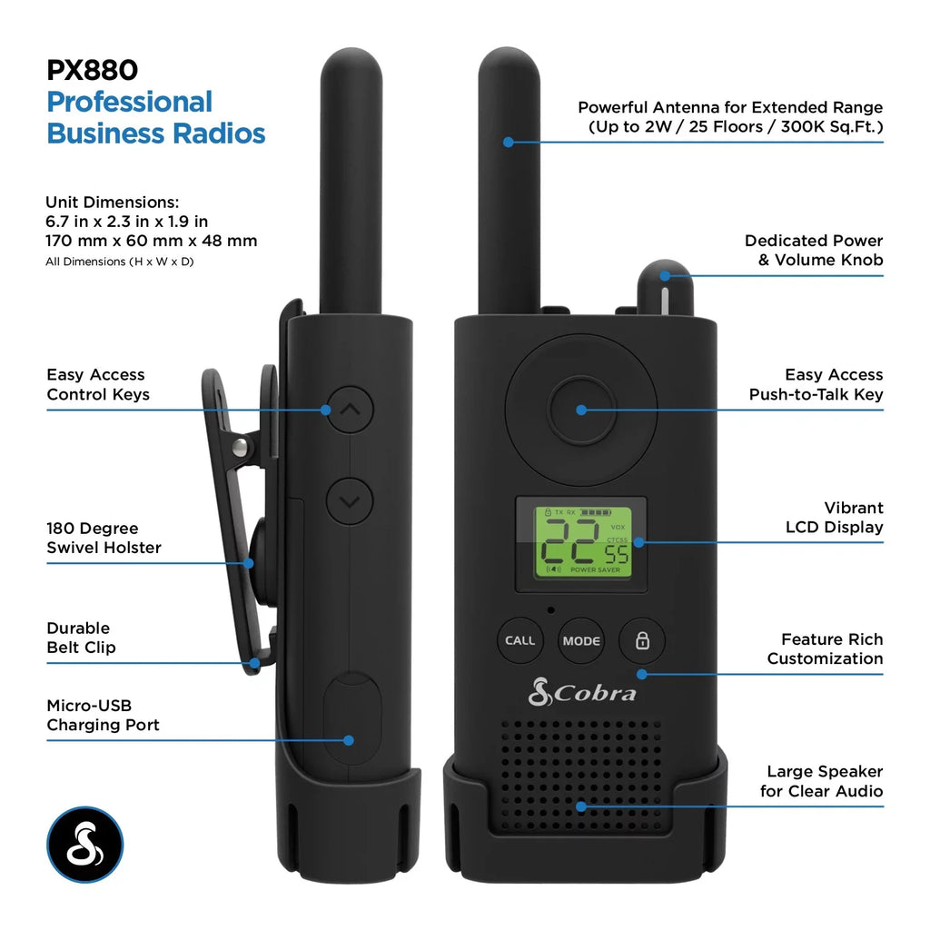 Cobra® MicroTALK CBA-PX880 Two-Way Radios; Black; Pack Of 2 Radios