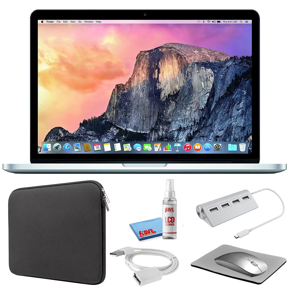 Apple MacBook Pro 13-inch (i5 2.7MHz; 128GB Storage) (Early 2015; MF839LL/A) - Silver Bundle with Black Zipper Sleeve + Notebook Starter Kit + Cleaning Kit (Refurbished)