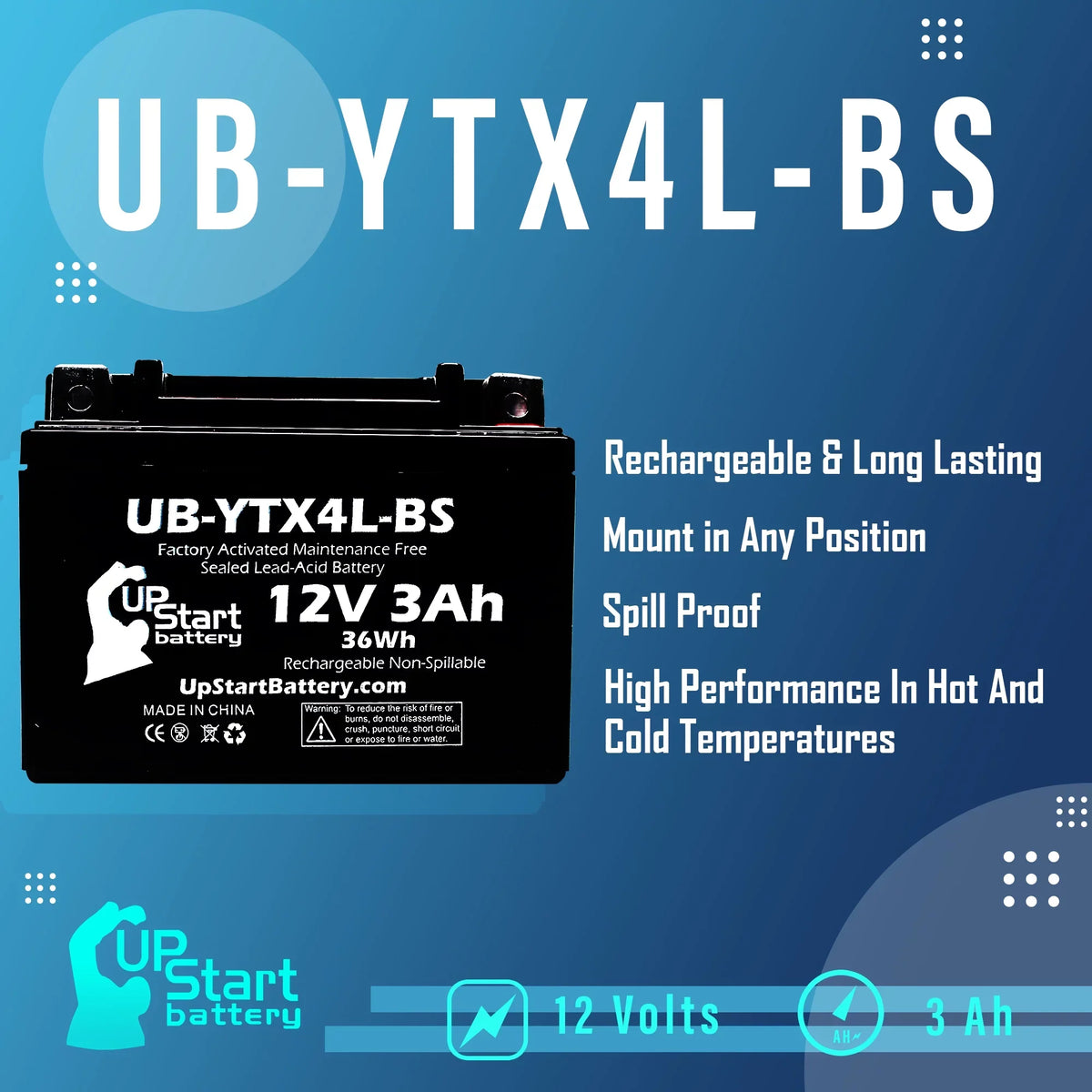 3-Pack UpStart Battery Replacement for 2002 Bombardier (Can-Am) DS90; DS90F; Quest 90CC Factory Activated; Maintenance Free; ATV Battery - 12V; 3Ah; UB-YTX4L-BS
