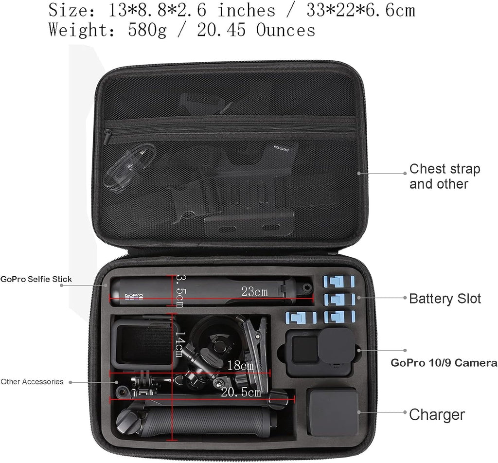 PellKing Large Carrying Surface-Fluidproof Case for GoPro 12;11;10;9 Camera;Hard Shell Bag with EVA Liner Compatible