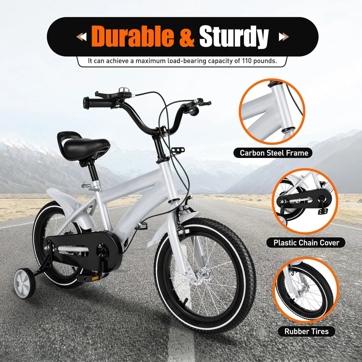 14 foot White Kids Bike Kids Mountain Bike; Bicycle for Kids 2-4; Bicycle with Training Wheels; Adjustable Height Kids Bike for Boys/Girls; Multiple Colors