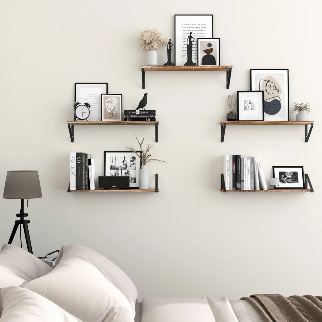 Wallniture Ponza 24" Wall Mounted Rustic Floating Shelf with Brackets for Kitchen Living Room Bedroom; Natural Burned; Set of 5