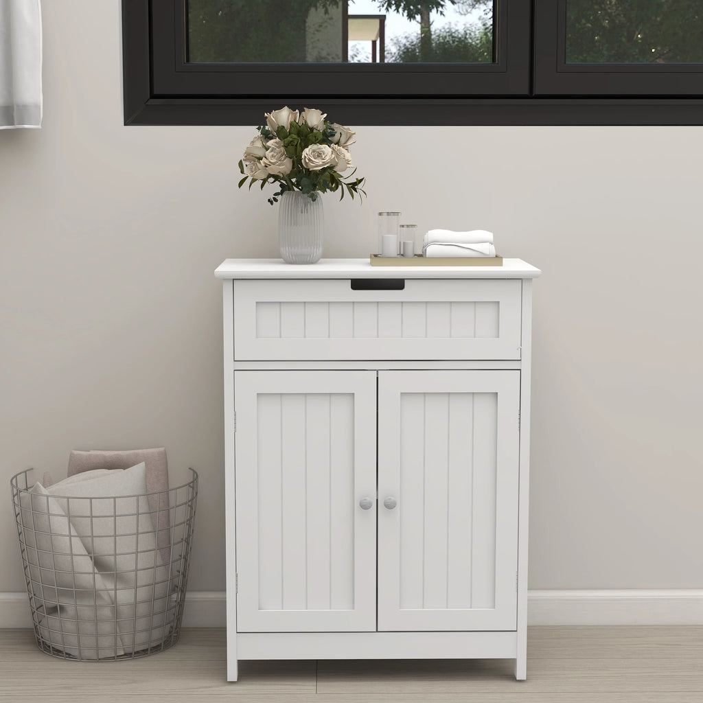 Versatile Bathroom Floor Cabinet in White Freestanding Wood Storage Organizer 2 Doors; 1 Drawer Adjustable Shelf Elegant Design for Bathroom and Living Room.