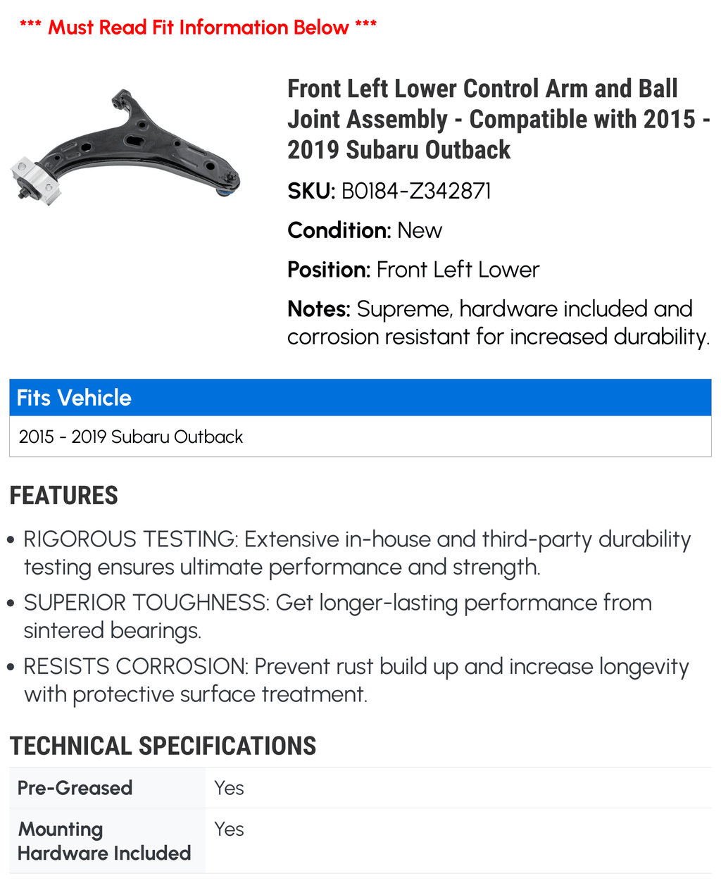Front Left Lower Control Arm and Ball Joint Assembly - Compatible with 2015 - 2019 Subaru Outback 2016 2017 2018