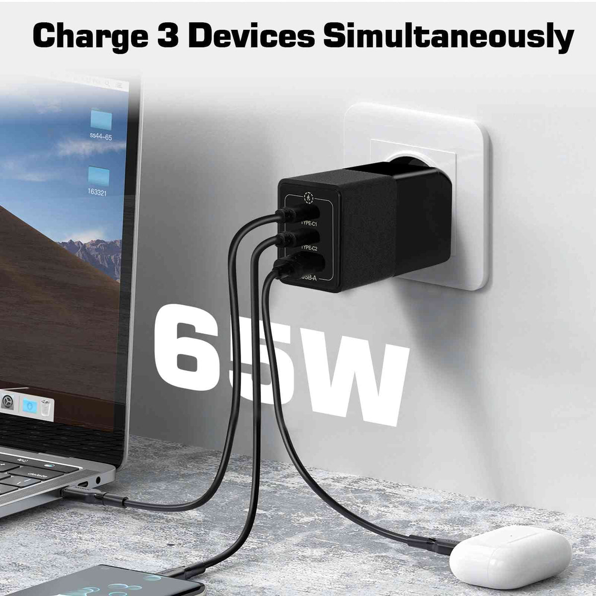 UrbanX 65W Fast Travel Charger with 3 Ports - USB & Dual USB-C - High-Speed Charging Compatible with Coolpad Cool S1; iPhone; Samsung Galaxy; Google Pixel; MacBook; Steam Deck; Devices & Phones