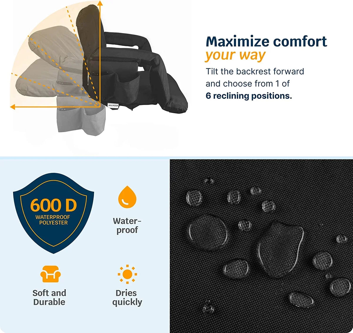 Alpcour X-Wide Heated Massage Reclining Stadium Seat - Extra Thick Liquidproof Chair with Wide Back Support - Black