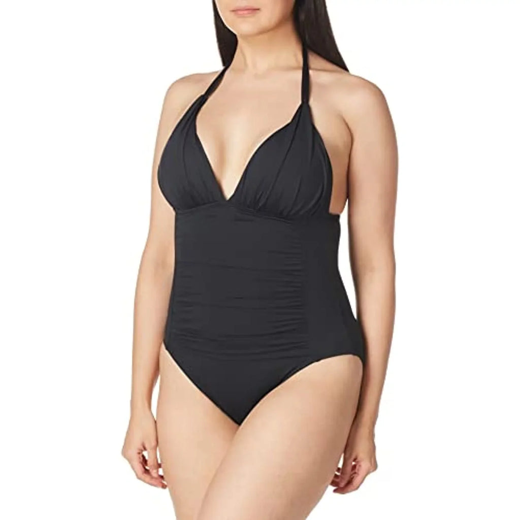 La Blanca Women's Standard Island Goddess V-Neck Halter Mio One Piece Swimsuit; Black; 4