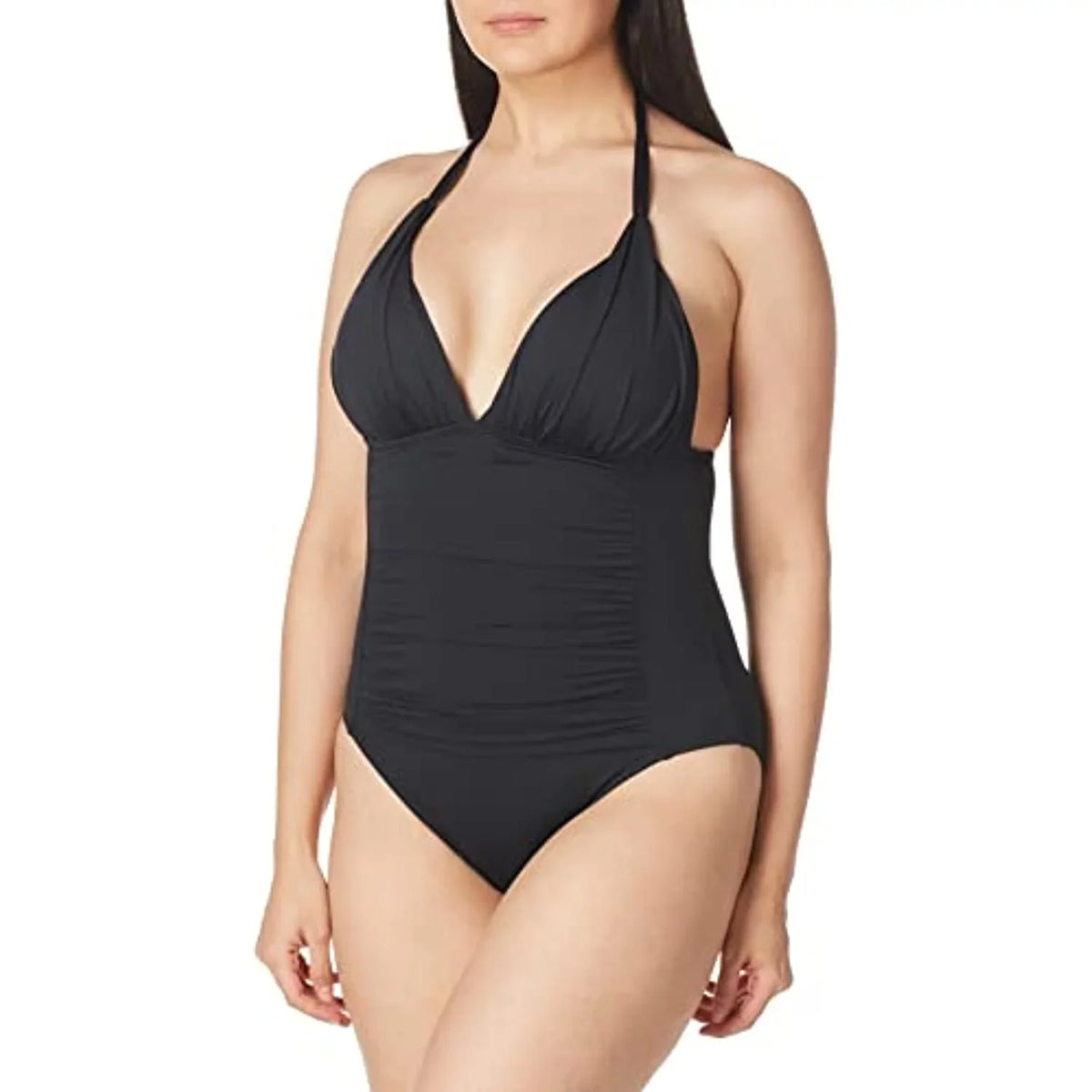 La Blanca Women's Standard Island Goddess V-Neck Halter Mio One Piece Swimsuit; Black; 4